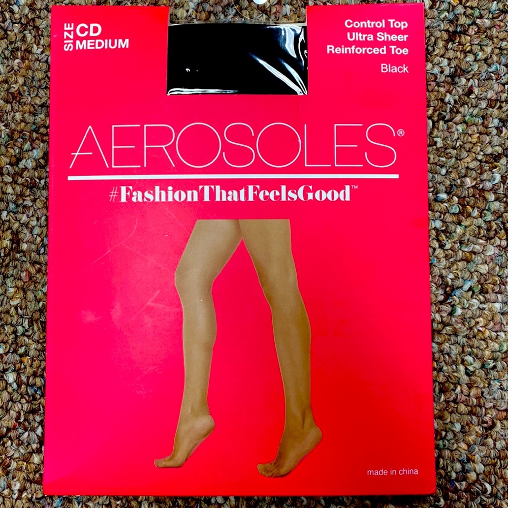 Aerosoles Black Control Top Ultra Sheer Reinforced Toe Tights Medium